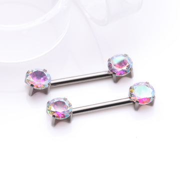 Detail View 1 of A Pair of Implant Grade Titanium OneFit Threadless Prong Gem Sparkle Nipple Barbell-Aurora Borealis